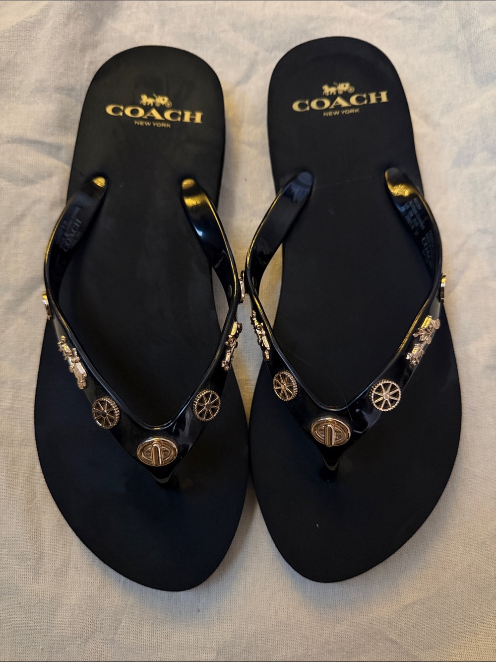 Coach Black Glossy Logo Charm Flip Flop Sandals